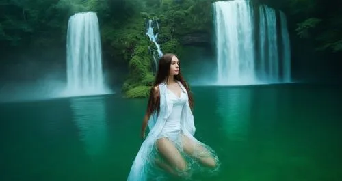 beautiful lady swimming, long hair , white vest in the water, wide view with waterfalls and green forest abanding,a woman dressed as a lady standing in the water next to a waterfall,green waterfall,wa