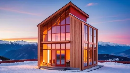 the sleek, metallic exterior of a ski resort is illuminated by a soft orange light as the sun begins to rise. In the distance, the snow-capped peaks of Sheregesh shimmer in the winter sky. The house i