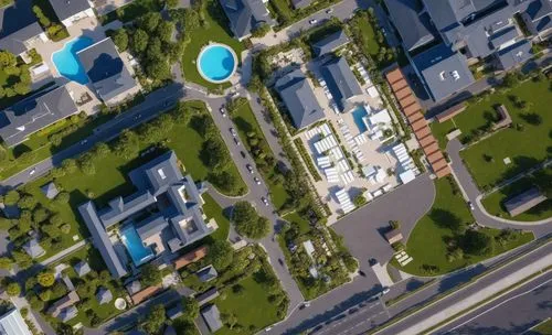 aerial view of a city, some homes and swimming pool,photogrammetric,cupertino,digitalglobe,esri,googleplex,genentech,Photography,General,Realistic