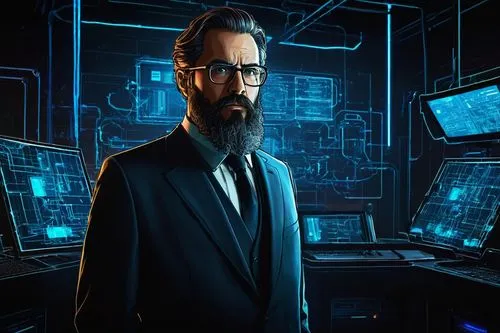 Domain expert, 1 person, male, mature, professional attire, glasses, beard, serious facial expression, standing, futuristic laboratory background, complex machinery, wires, screens, architecture diagr