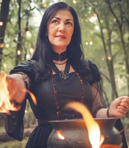 In a dark clearing during a stormy night, a witch conducts a ritual around a bubbling cauldron. Her black dress billows in the wind, and her mystical appearance is intensified by the flickering candle