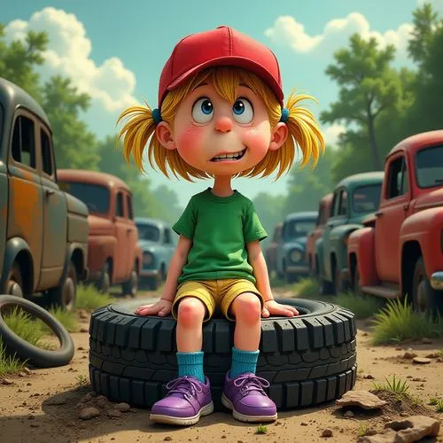 girl and car,girl with a wheel,pippi,agnes,tires,dora,Illustration,Children,Children 02