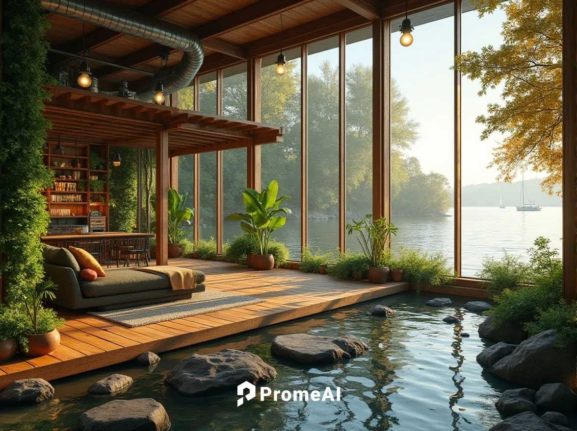 Lakefront factory, green architecture, eco-friendly building, large windows, abundant natural light, wooden accents, living walls, lush greenery, water feature, stepping stones, serene lake view, mist