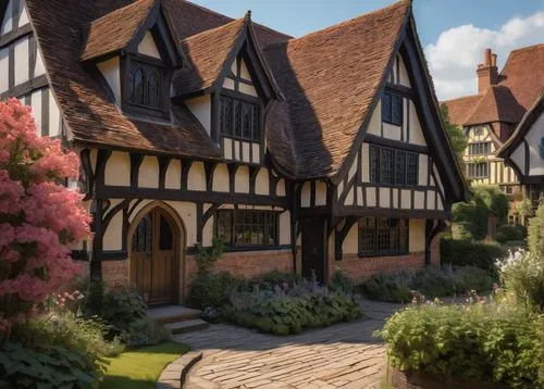 Colchester architectural design, medieval town, historic buildings, half-timbered houses, traditional English Tudor style, steeply pitched roofs, dormer windows, brick and stone walls, ornate wooden d