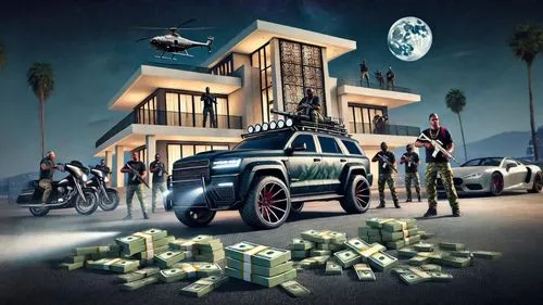 Expand Following the picture colours, patterns and shadows please, knowing it's GTA V.,a vehicle is parked in front of a car and some men standing by it,heist,heists,zillionaires,forfeiture,bankrolls,