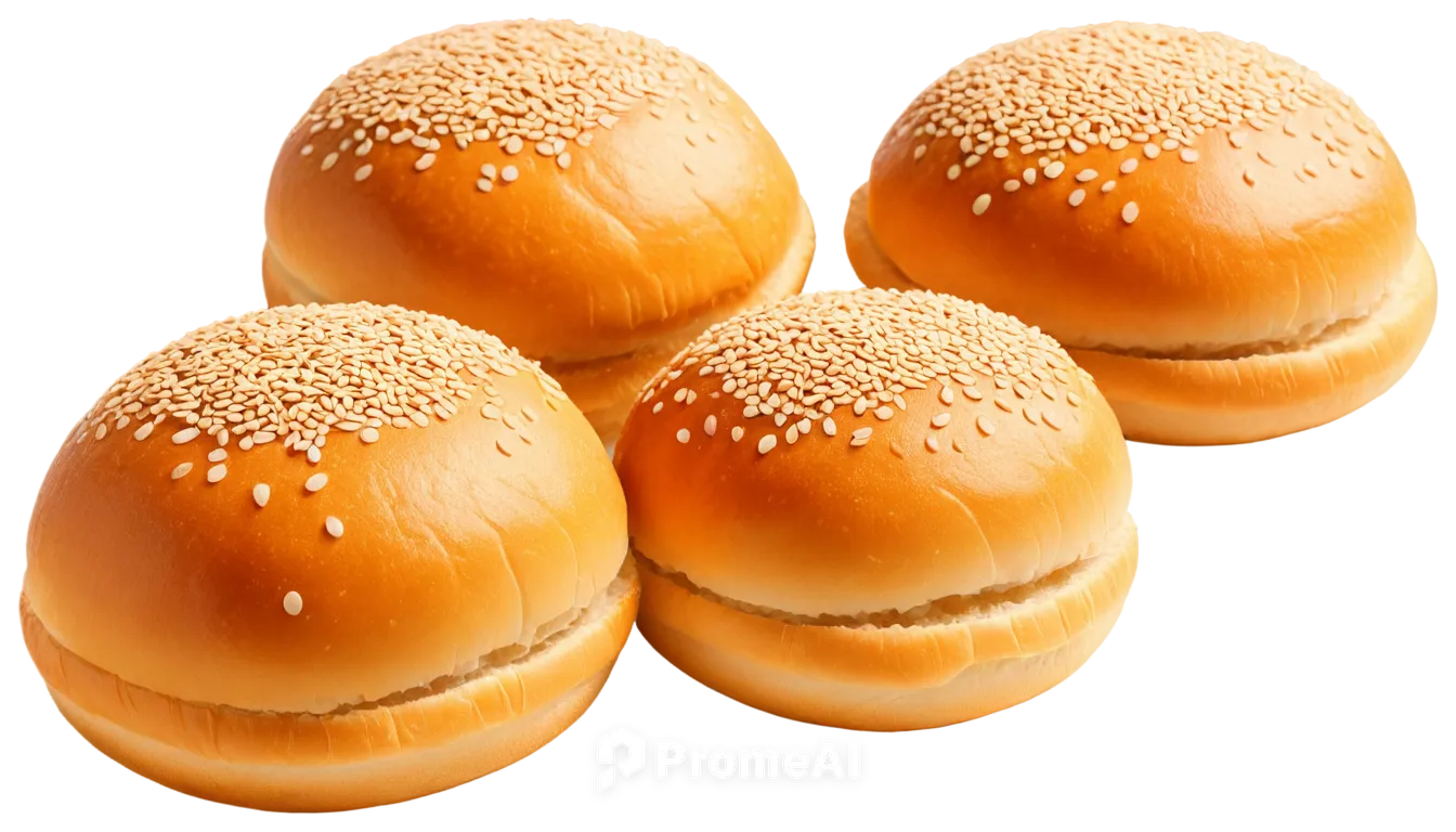 Golden hamburger buns, toasted, sesame seeds, soft texture, rounded shape, slightly torn, morning light, shallow depth of field, warm color tone, close-up shot, 1/2 composition, PNG with transparent b