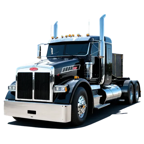 Peterbilt 389, 18-wheel semi-truck, solo, daytime, highly detailed chrome accents, shiny black paint job, custom decals, large side mirrors, exhaust pipes, steps and handrails, worn tires, alloy wheel