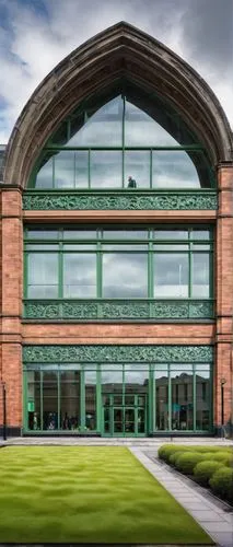 Wrexham town hall, modern architectural design, grand glass entrance, sleek metal framework, intricate stone carvings, vibrant green roof, symmetrical facade, large windows, geometric patterns, urban 