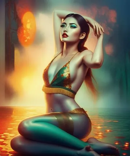 An amazing nude japanese young woman  with red lips and green eyes,a woman is sitting in a water like setting,mermaid background,sirena,amphitrite,siren,water nymph,merfolk,Illustration,Realistic Fant