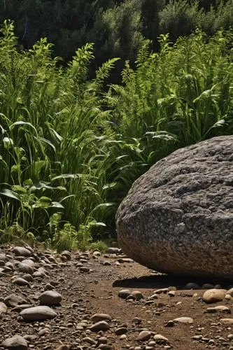 a
,a rocky outcropping with green ferns and grass in the background,background with stones,balanced boulder,gożdzik stone,rock cairn,schwaben stone,mountain stone edge,Photography,General,Realistic