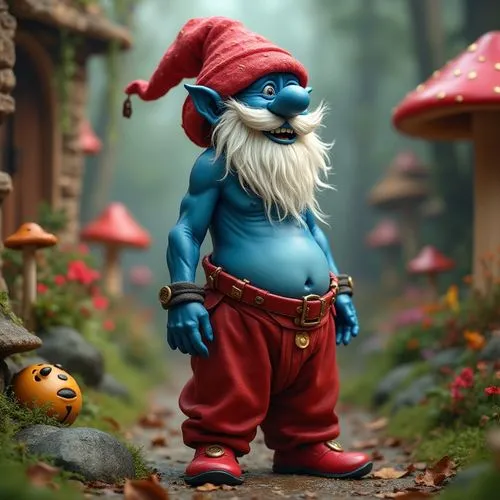 Jolly happy skinny shirtless midget blue old man with blue skin with long white beard in red Phrygian cap in with big blue nose with long baggy red pants wearing big red shoes in a mushroom colorful m