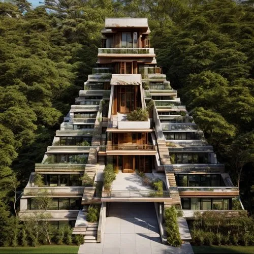 eco hotel,asian architecture,eco-construction,japanese architecture,timber house,chinese architecture,caryopteris pagoda,tree house hotel,garden elevation,glass pyramid,3d rendering,pyramid,pagoda,sti