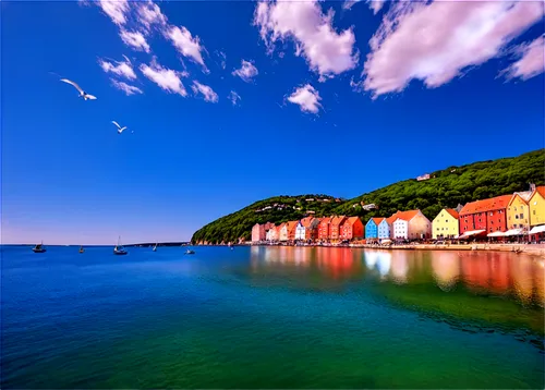 Haven, picturesque, seaside town, colorful buildings, steep roofs, wooden docks, sailing boats, seagulls flying, clear blue sky, fluffy white clouds, warm sunlight, 3/4 composition, shallow depth of f