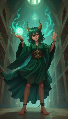 Magic lightning flows from one hand to the other.,an image of a woman with horns and devilish hair,schierholtz,schierstein,schierke,librarian,merula,conjurer