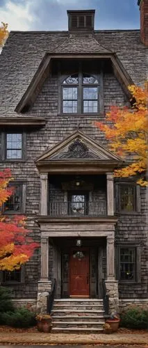 Colonial American building, 17th century, wooden structure, clapboard siding, steeply pitched roof, multi-paned windows, ornate entrance door, iron door hardware, brick chimney, rustic stone foundatio