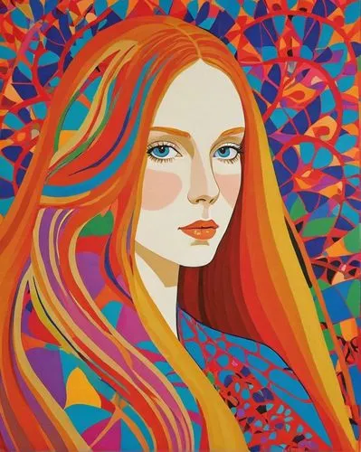 popart,boho art,young woman,psychedelic art,pop art woman,redheads,red-haired,cool pop art,pop art colors,red head,pop art girl,60s,1971,rosella,ann margarett-hollywood,pop art style,girl in a long,girl-in-pop-art,girl in flowers,red ginger,Conceptual Art,Oil color,Oil Color 14