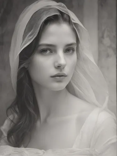 Black and white photo portrait of a public figure.,a young lady with long hair is wearing a veil,girl in cloth,margairaz,margaery,the bride,behenna,the angel with the veronica veil,Photography,Black a