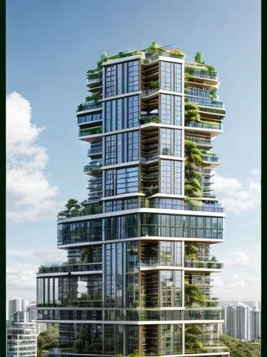 21 storey residential tower with greenery and glass rails on balcony on a podium with big pool
,residential tower,eco-construction,green living,condominium,high-rise building,sky apartment,renaissance