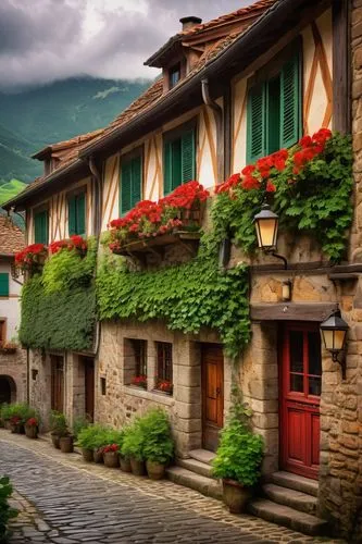 Basque architecture, traditional stone house, half-timbered, red roof tiles, green shutters, ornate wooden door, flower-patterned curtains, ivy-covered walls, lantern-like lamp posts, narrow cobblesto