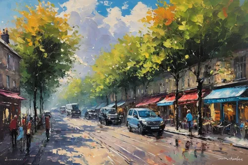 watercolor paris,watercolor paris shops,paris,paris cafe,paris shops,montmartre,street scene,bistrot,watercolor paris balcony,watercolor shops,boulevard,parisian coffee,oil painting on canvas,oil painting,walking in the rain,shopping street,man with umbrella,universal exhibition of paris,france,le mans,Conceptual Art,Oil color,Oil Color 06