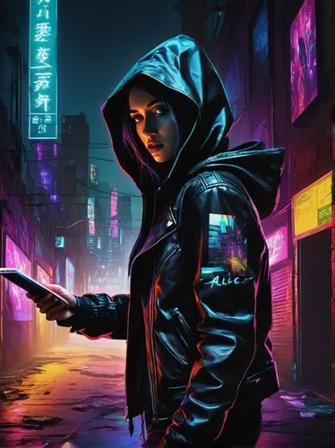 Digital art thief, hooded figure, sneaking in dark alley, cityscape, neon lights, cyberpunk atmosphere, ripped jeans, black leather jacket, silver laptop, glowing screen, stolen artwork displayed, abs