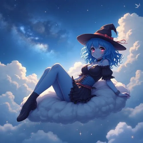 Beautiful blue skin anime model full body, sun-bathing on floating cloud along the Milky Way, wearing a stylish Halloween-themed outfit, enticing eyes, curly hair dreamy, background thick clouds, high