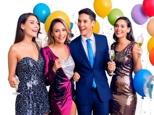 Colorful party scene, group of friends, laughing, chatting, smiling faces, sparkling eyes, various hairstyles, accessories, jewelry, colorful dresses, suits, ties, high heels, champagne glasses, ballo