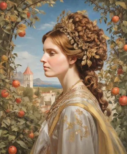 girl picking apples,perugini,woman eating apple,principessa,apple harvest,girl in a wreath,Digital Art,Impressionism