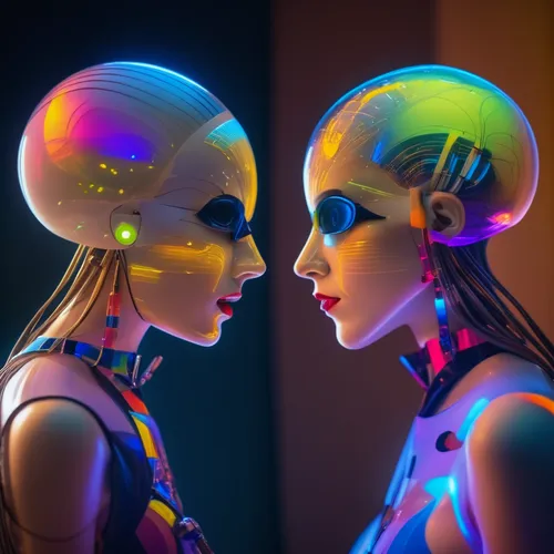 futuristic,neon body painting,scifi,neon makeup,robots,artificial intelligence,science fiction,science-fiction,doll looking in mirror,cybernetics,extraterrestrial life,neon human resources,gemini,sci 