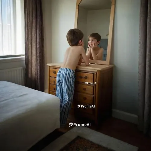 Bedroom with mirror window and carpet ,a little boy with pajamas pants on in front of a mirror,piccoli,persil,bambini,prosiebensat,cheil