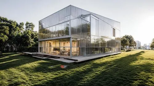 hyper realistic, building in city center, street view, trees,cube house,cubic house,mirror house,glass facade,glass building,modern house,structural glass,water cube,modern architecture,glass facades,