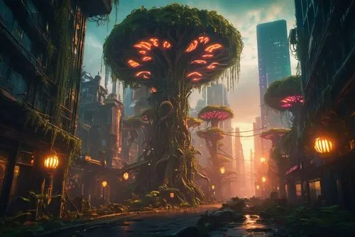 bioshock,oddworld,yggdrasil,overgrowth,ecotopia,undercity,calydonian,fantasy city,majora,shambhala,windbloom,strangehold,titanum,cyberia,kinkade,azathoth,mushroom landscape,triffids,outworld,aberration,Conceptual Art,Sci-Fi,Sci-Fi 26