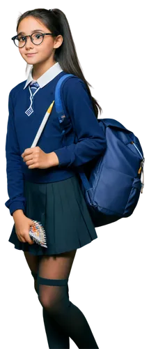 Curious girl, school uniform, long black hair, ponytail, glasses, bright eyes, slight smile, holding pencil, notebook, thinking pose, leaning forward, 3/4 composition, softbox lighting, warm color ton