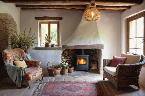 Cozy cottage, warm lighting, wooden beam ceiling, stone fireplace, plush armchair, vintage rug, soft cushions, lace curtains, white walls, rustic wooden table, ceramic vase, fresh flowers, wicker bask