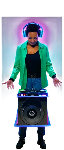 Dynamic DJ, music festival, colorful neon lights, headphones, vinyl records, turntables, mixing console, flashing buttons, shiny metallic surface, futuristic details, dynamic pose, energetic arms rais