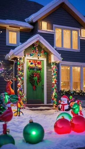 Tacky Christmas inflatables, front yard, suburban house, winter evening, snowflakes gently falling, colorful LED lights, giant reindeer, Santa Claus, snowman, penguin, festive holly, shiny icicles, br