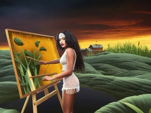 nude Beautiful nigerian girl, full dark curly hair, big green almond eyes, full black lips, misty sky,a woman is standing in front of an easel while looking at the painting,world digital painting,phot