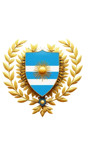 Argentina national emblem, blue, white, and light blue colors, Escudo Nacional, sun symbol, face forward, detailed feathers, golden wreath, olive branch, spear, national flag colors, 3D realistic, hig