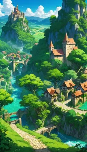 butka,meteora,machico,alfheim,ghibli,yazaki,kaitos,knight village,studio ghibli,abdallahi,mountain village,elves country,aurora village,mountain settlement,fairy village,alpine village,kanto,seborga,cartoon video game background,sylvania,Illustration,Japanese style,Japanese Style 03