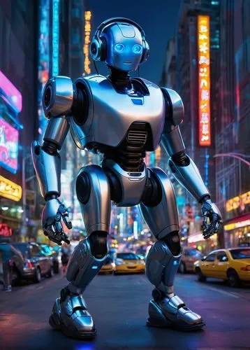 AI robot, chubby cheeks, shiny metal body, glowing blue eyes, silver hair, futuristic headset, robotic arms, chunky legs, metallic shoes, standing, cityscape background, neon lights, bustling streets,