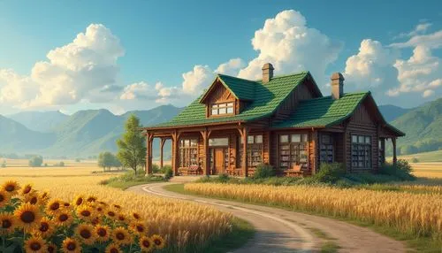 home landscape,little house,summer cottage,lonely house,dreamhouse,beautiful home,meadow landscape,small house,yellow grass,wooden house,landscape background,small cabin,summer meadow,country cottage,cottage,house in mountains,dandelion meadow,sunflower field,house in the mountains,dandelion hall,Photography,General,Realistic