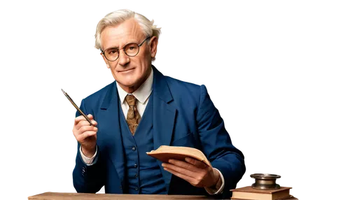 John Dalton, historical figure, old man, white hair, beard, glasses, suit, waistcoat, holding atom model, wooden table, books, papers, inkwell, quill pen, warm lighting, soft focus, 3/4 composition, s