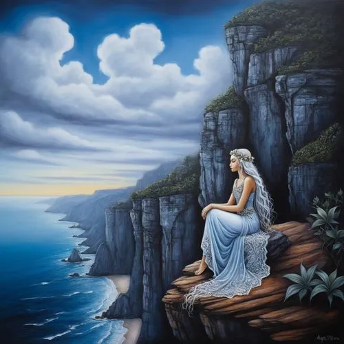 a painting with a woman sitting on top of a cliff overlooking the ocean,fantasy picture,ariadne,fantasy art,amphitrite,fathom,world digital painting,Illustration,Abstract Fantasy,Abstract Fantasy 14