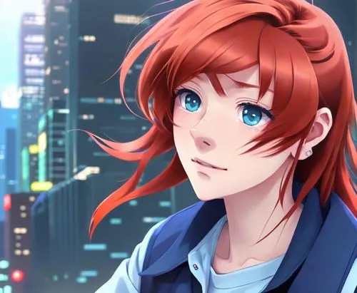 a portrait of a young beautiful caucasian girl 23 years old red hair  wearing a blue blouse  Manhattan as background in 4k,asuka langley soryu,mc,nora,mikuru asahina,red-haired,cg artwork,kosmea,ren,s