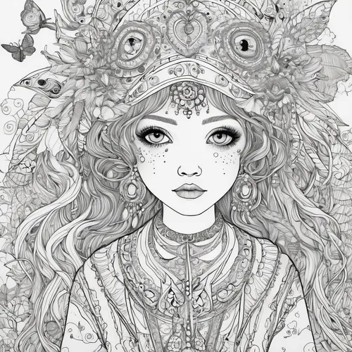 amano,boho art,line-art,lineart,line art,medusa,hand-drawn illustration,priestess,the enchantress,anahata,fantasy portrait,tiger lily,mystical portrait of a girl,oriental princess,mono line art,doily,coloring page,faerie,masquerade,mucha,Illustration,Abstract Fantasy,Abstract Fantasy 04