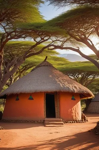 Kenyan architecture, Maasai village, traditional hut, thatched roof, wooden door, intricate carvings, colorful beads, patterned fabric, bright sunlight, vast savannah, acacia trees, distant Mount Kili