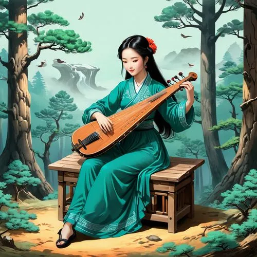 guqin,gayageum,guzheng,woman playing,woman playing violin,erhu,Illustration,Japanese style,Japanese Style 07