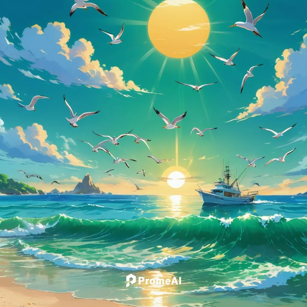 The sun beats down on a gentle, turquoise ocean as a pristine yacht glides gracefully on the sandy shore. A group of seagulls soar overhead, their feathers blending seamlessly with the green waves. In