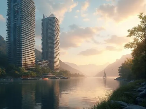 false creek,lake shore,kitsilano,lakeshore,burnaby,vancouver,bellevue,taikoo,songdo,hangzhou,waterfront,lake view,zorlu,west lake,zhangzhou,evening lake,elphi,chongqing,huzhou,futuristic landscape,Photography,General,Realistic