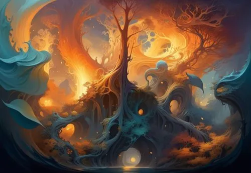 molten forest by dali and escher in quicksilver and ferrofuid splashes, Minimalism in a Negative Artistic Space,an abstract painting featuring trees and bushes,azathoth,samhain,burning tree trunk,fire